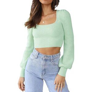 Lacozy Women's B Light Greenr Trendy Long Sleeve Cropped Square Neck Shirts